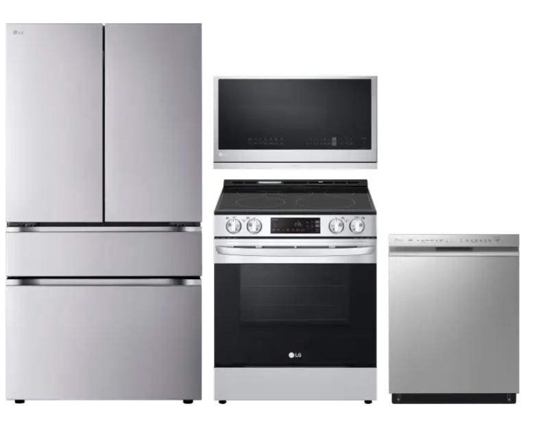 LG 4 Piece Kitchen Appliances Package withLG Standard-Depth Standard Depth MAX 28.6-Cu. Feet 4 -Door Smart Compatible French Door Refrigerator , Electric Range, Dishwasher and Over the Range Microwave in Stainless Steel
