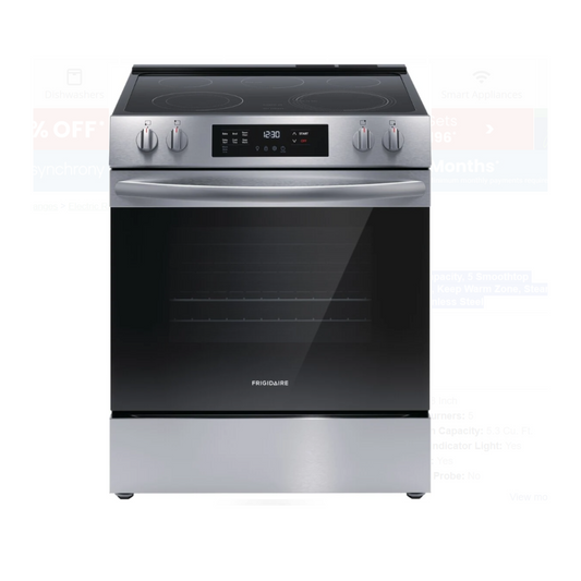 Frigidaire FCFE3062AS 30 Inch Freestanding Electric Range with 5.3 Cu. Ft. Capacity, 5 Smoothtop Elements, EvenTemp™ Element, SpaceWise® Element, Keep Warm Zone, Steam Clean, Store-More™ Storage, and ADA Compliant: Stainless Steel