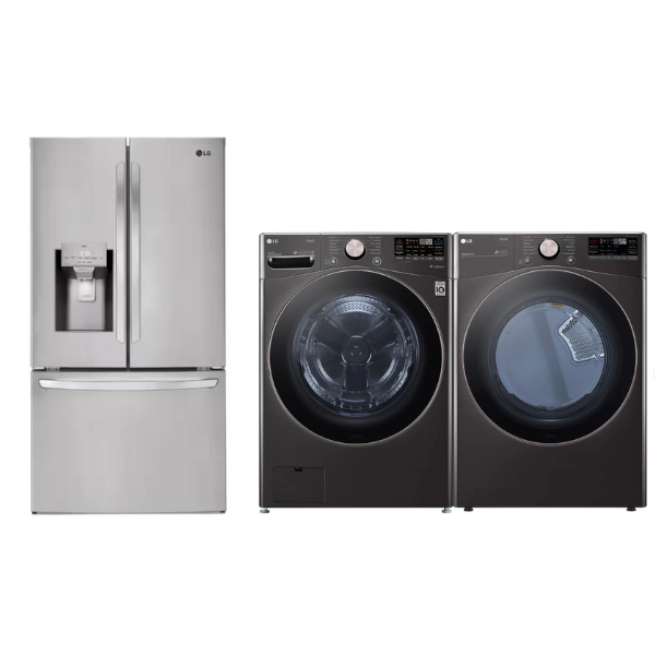 model LRFS28XBS LG Standard-Depth 27.7-cu ft 3 -Door Smart Compatible French Door Refrigerator with Ice Maker with Water and Ice Dispenser ( Printproof Stainless Steel ) ENERGY STAR Certified+LG WM4000HA-DLEX4000 WASHER DRYER SET