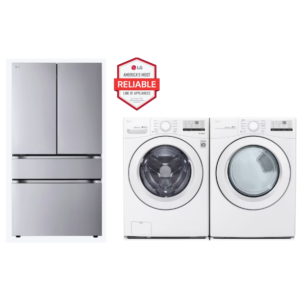 LG Standard-Depth 29.6-cu ft 4 -Door Smart Compatible French Door Refrigerator with Ice Maker with Water Dispenser & LG High Efficiency Stackable Front-Load Washer& dryer( White )