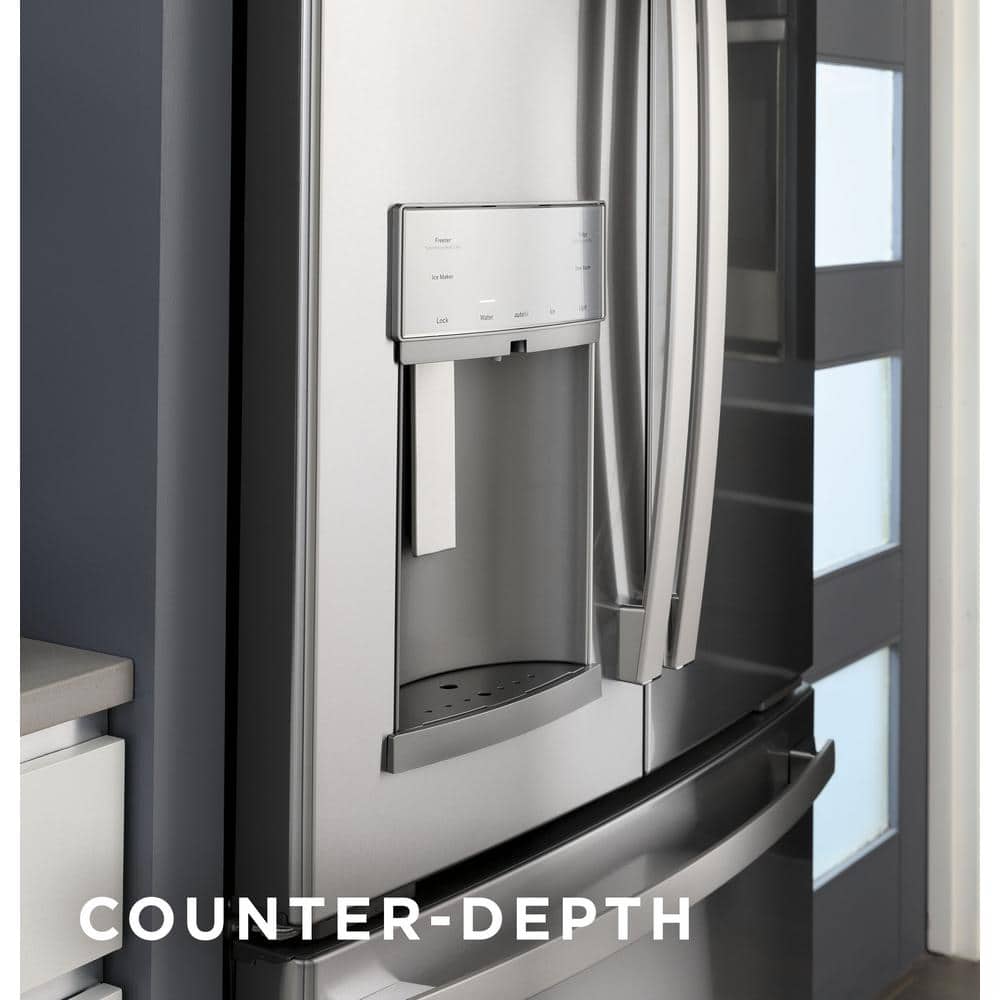 Model #GYE22GYNFS GE Counter-Depth 22.2-Cu. Feet 3 -Door French Door Refrigerator with Ice Maker with water and Ice dispenser ( Fingerprint-resistant Stainless Steel ) ENERGY STAR Certified