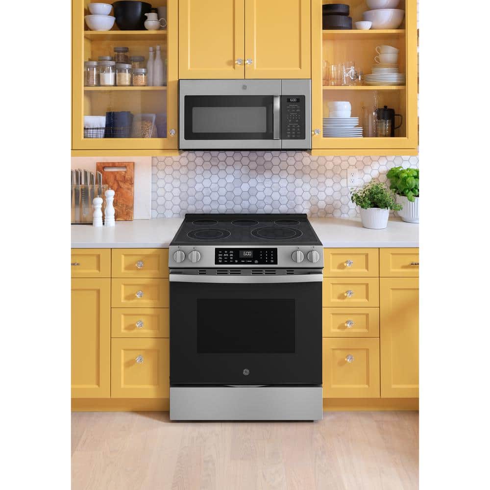 Model #GRS60LAVFS GE EasyWash Oven Tray 30-in Glass Top 5 Burners 5.3-cu ft Steam Cleaning Air Fry Convection Oven Slide-in Smart Electric Range (Fingerprint Resistant Stainless Steel)