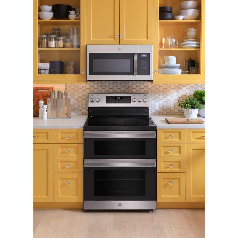 Model #JBS86SPSS GE 30-Inches Glass Top 5 burners 4.4-Cu. Feet / 2.2-Cu. Feet Steam cleaning Air Fry Convection Oven Freestanding Double Oven Electric Range ( Stainless Steel ) (Copy)