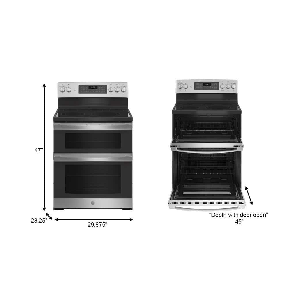 Model #JBS86SPSS GE 30-Inches Glass Top 5 burners 4.4-Cu. Feet / 2.2-Cu. Feet Steam cleaning Air Fry Convection Oven Freestanding Double Oven Electric Range ( Stainless Steel ) (Copy)