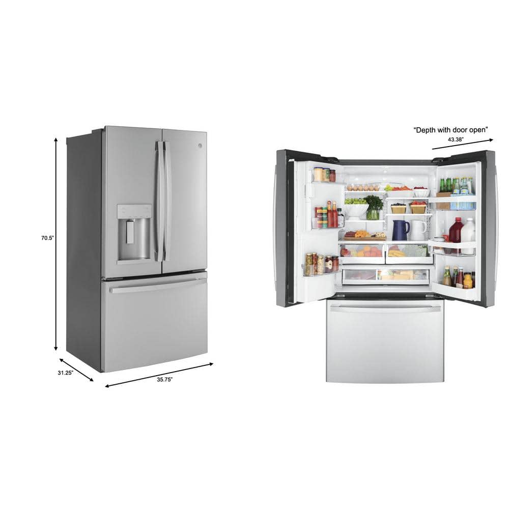 Model #GYE22GYNFS GE Counter-Depth 22.2-Cu. Feet 3 -Door French Door Refrigerator with Ice Maker with water and Ice dispenser ( Fingerprint-resistant Stainless Steel ) ENERGY STAR Certified