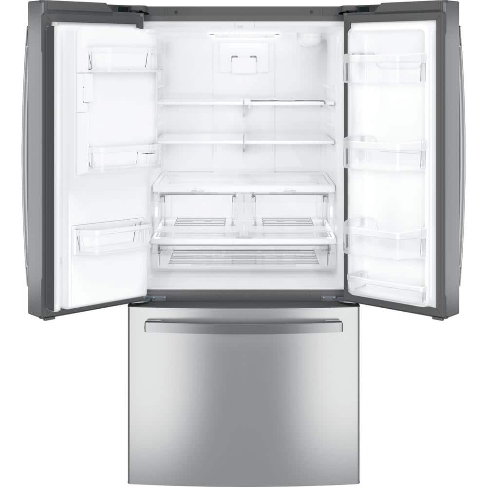 Model #GFE24JYKFS GE Standard-Depth 23.7-Cu. Feet 3 -Door French Door Refrigerator with Ice Maker with water and Ice dispenser ( Stainless Steel ) ENERGY STAR Certified