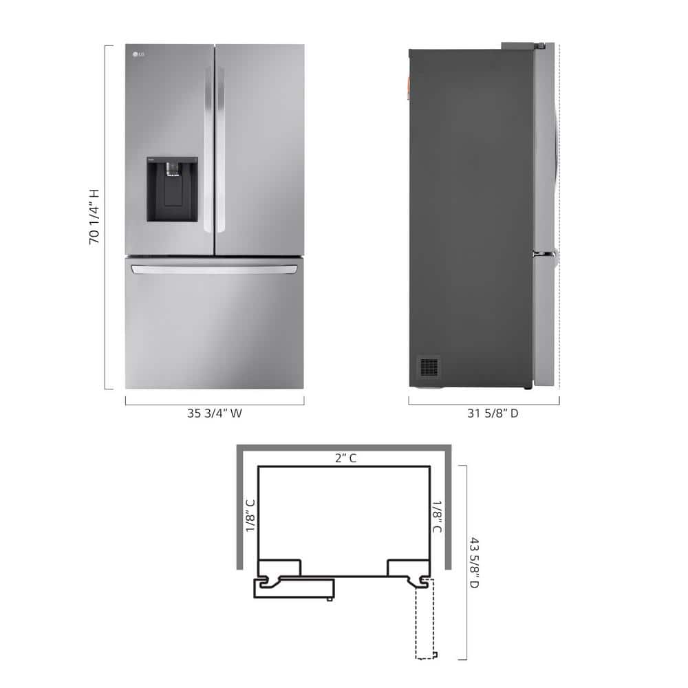 Model #LRFXC2606S LG Counter-Depth MAX 25.5-Cu. Feet 3 -Door Smart Compatible French Door Refrigerator with Dual Ice Maker with water and Ice dispenser ( PrintProof Stainless Steel ) ENERGY STAR Certified