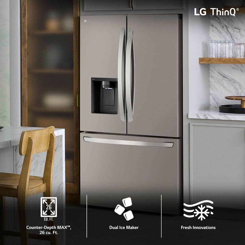 Model #LRFXC2606S LG Counter-Depth MAX 25.5-Cu. Feet 3 -Door Smart Compatible French Door Refrigerator with Dual Ice Maker with water and Ice dispenser ( PrintProof Stainless Steel ) ENERGY STAR Certified