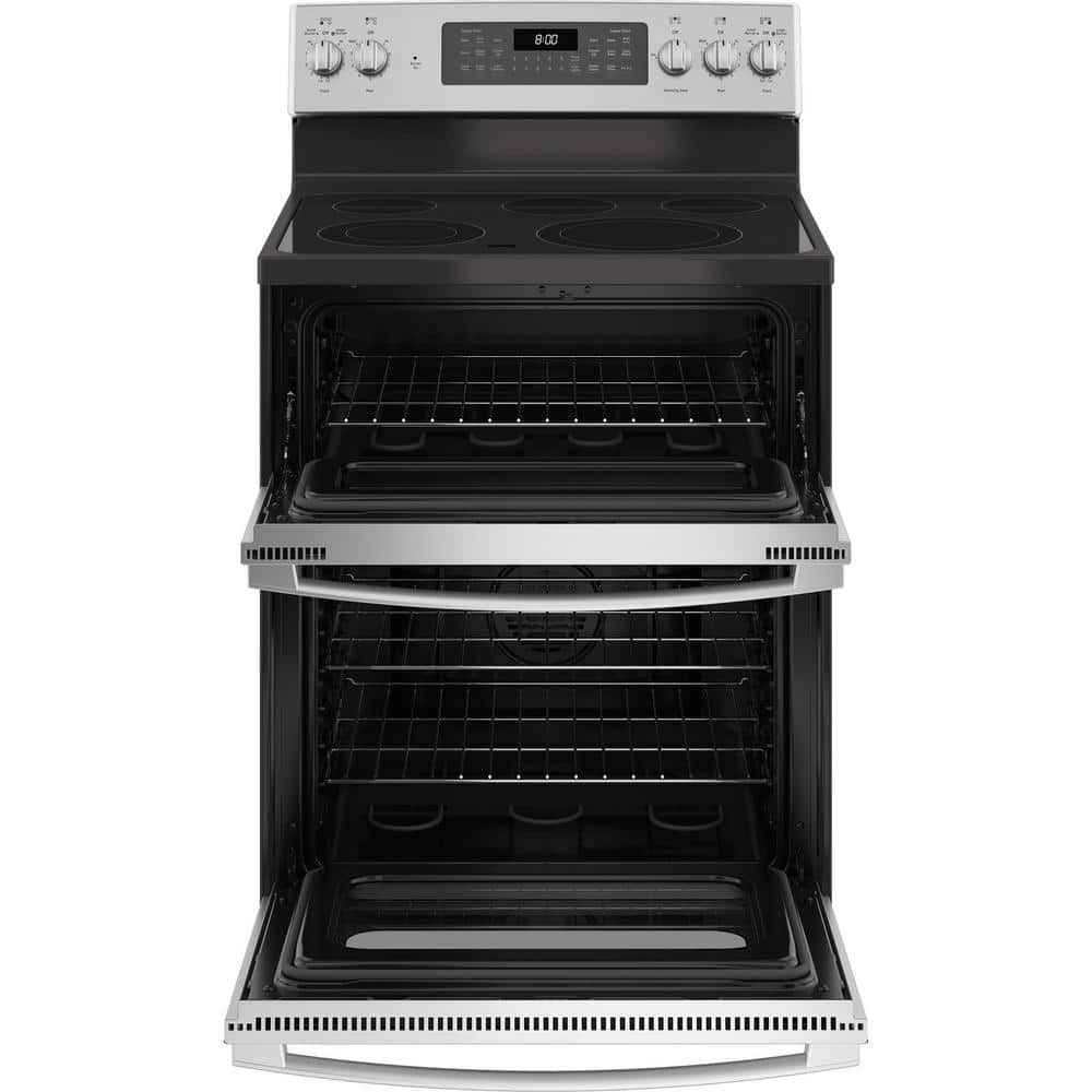 Model #JBS86SPSS GE 30-Inches Glass Top 5 burners 4.4-Cu. Feet / 2.2-Cu. Feet Steam cleaning Air Fry Convection Oven Freestanding Double Oven Electric Range ( Stainless Steel ) (Copy)