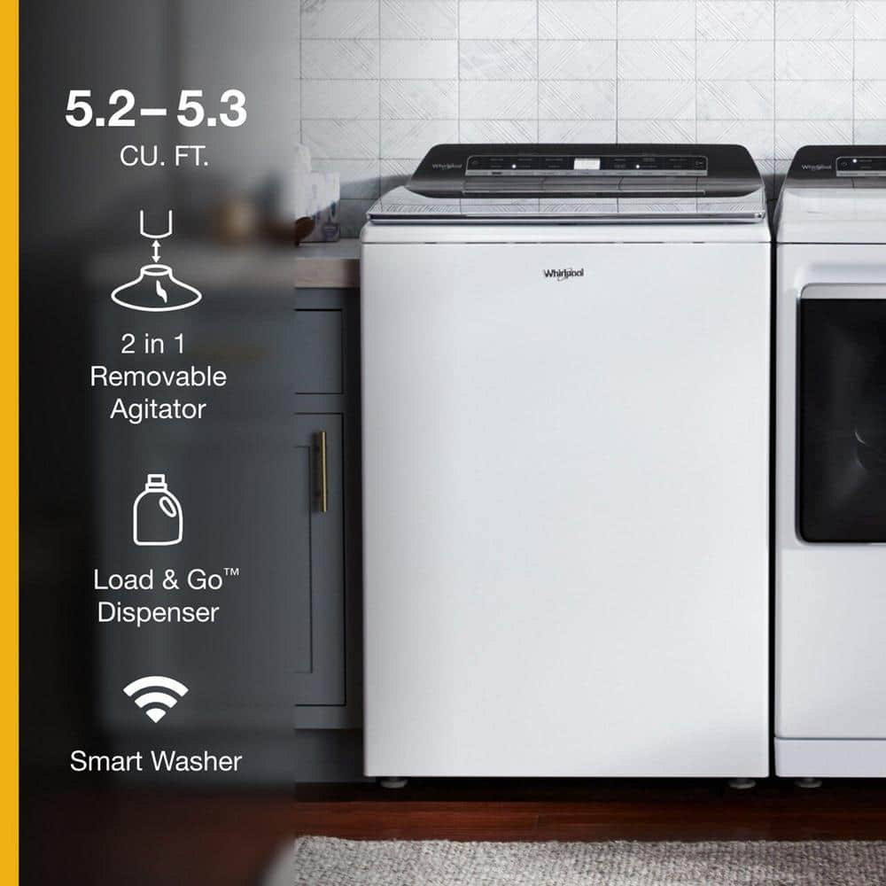 Whirlpool 5.2 - 5.3 cu. ft. Smart Top Load Washing Machine in White with 2 in 1 Removable Agitator, ENERGY STAR