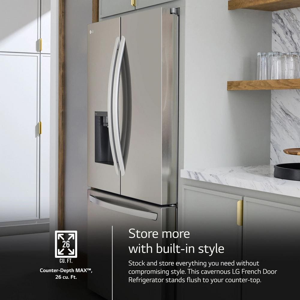 Model #LRFXC2606S LG Counter-Depth MAX 25.5-Cu. Feet 3 -Door Smart Compatible French Door Refrigerator with Dual Ice Maker with water and Ice dispenser ( PrintProof Stainless Steel ) ENERGY STAR Certified