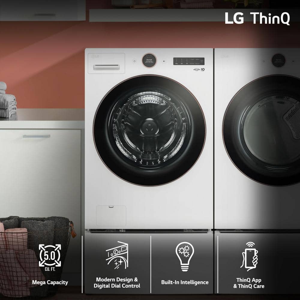 5.0 cu. ft. Stackable Smart Front Load Washer in White with AI Digital Dial, Steam and TurboWash360