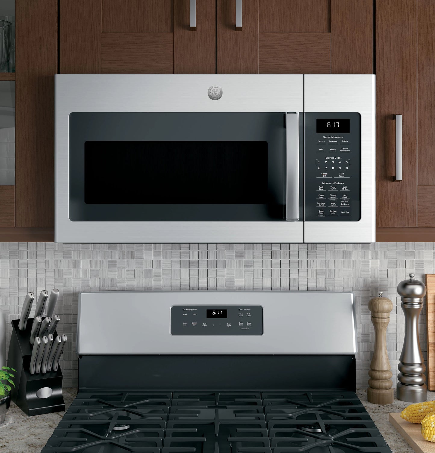 Open box GE 36-in Electric Cooktop and 30-in Smart Convection Double Wall Oven paired with 1.7 Cu Ft Over-the-Range Microwave Suite in Stainless Steel