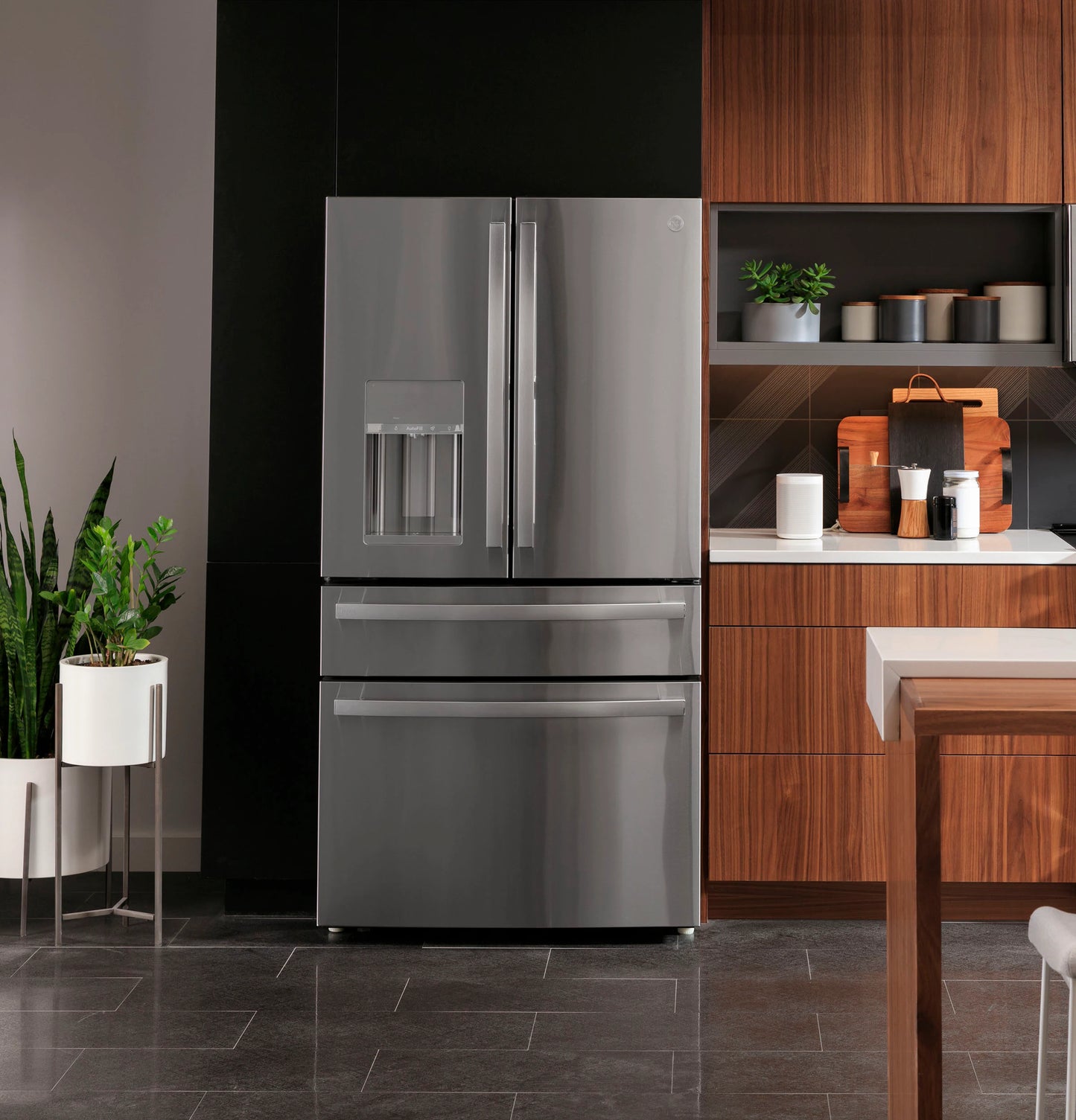 OPEN BOX GE Profile Smart 4-Door French Door Refrigerator & 30-in Double Wall Oven paired with 36-in Electric Cooktop Suite in Stainless Steel