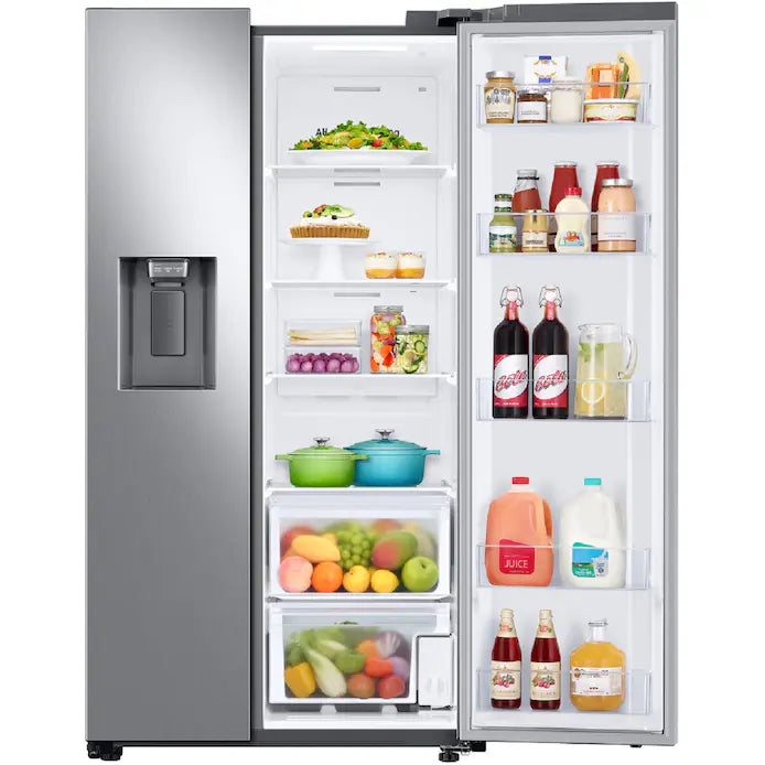OPEN BOX  Samsung Side-by-Side Refrigerator and Electric Range in Stainless Steel