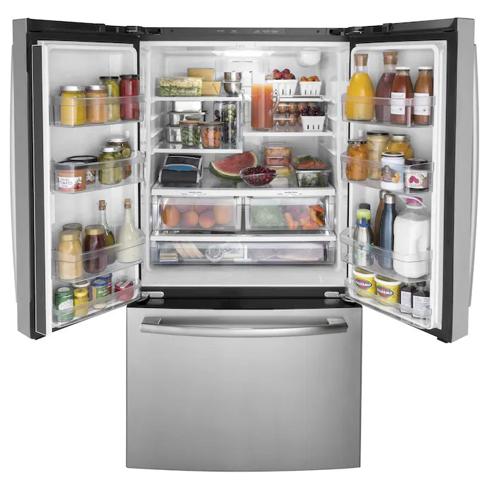 OPEN BOX  GE French Door 27-cu ft Refrigerator & 30-in Slide-in Electric Range Suite in Stainless Steel