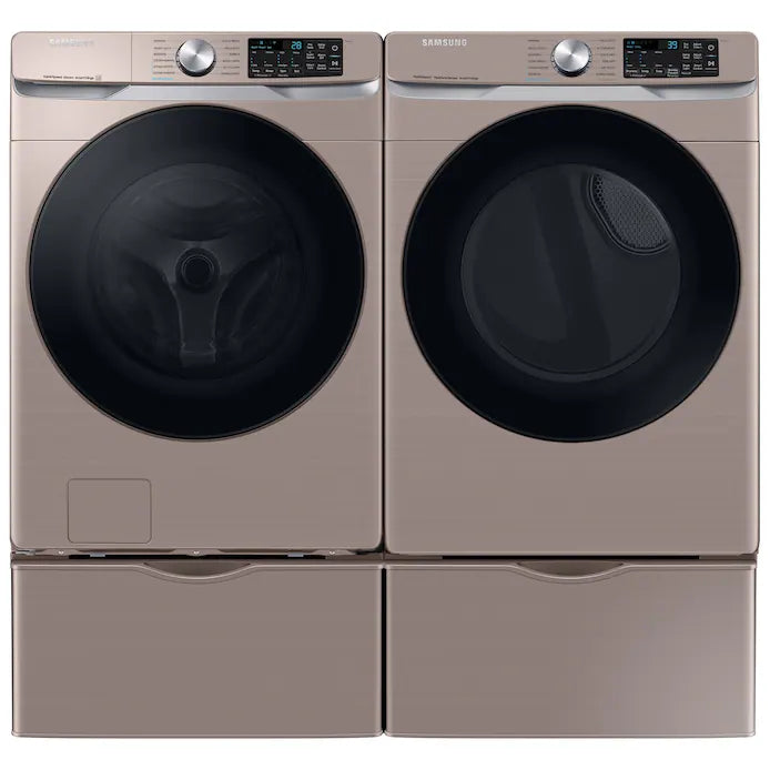 OPEN BOX Samsung Smart Front Load Stackable Washer & Electric Dryer in Champagne