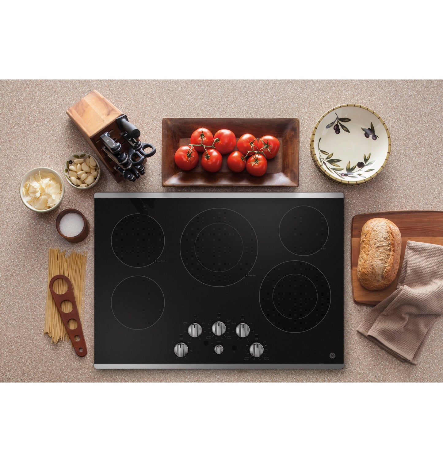 Open box GE 30-in 5 Element Electric Cooktop and 30-in Smart Double Wall Oven paired with 30-in Undercabinet Range Hood Suite in Stainless Steel