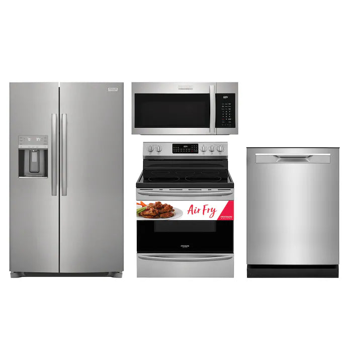 Frigidaire 25.6-cu ft Side-by-Side Refrigerator & Electric Range with Self-Clean & Air Fry 4pc Suite in Smudge- Open box