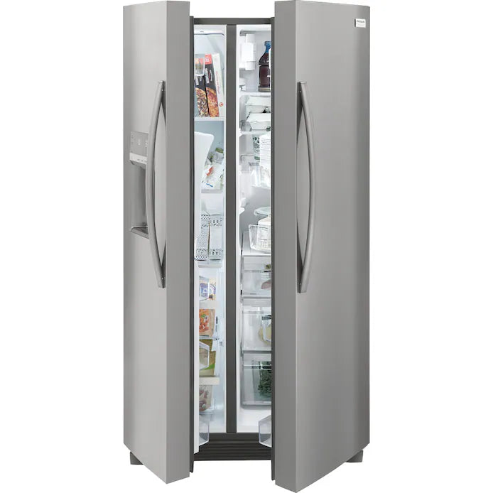 Frigidaire 25.6-cu ft Side-by-Side Refrigerator & Electric Range with Self-Clean & Air Fry 4pc Suite in Smudge- Open box