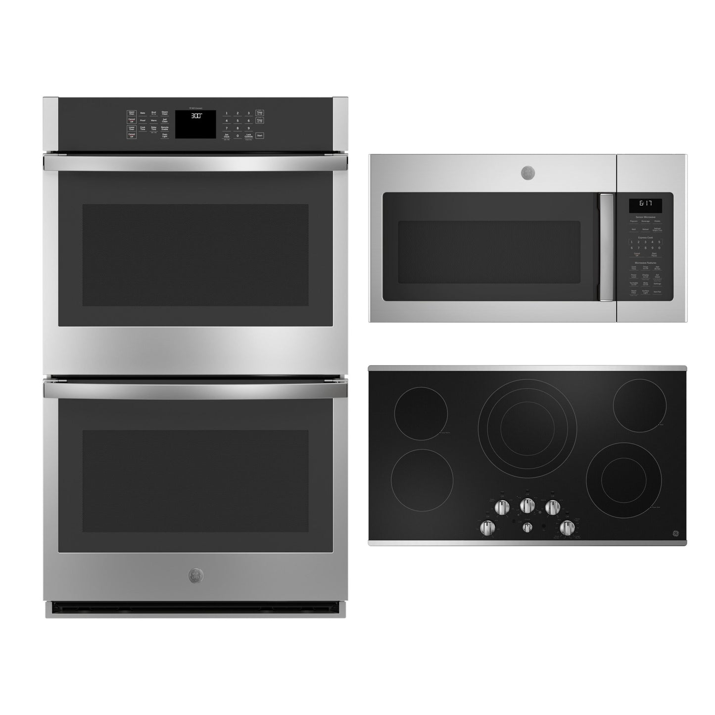 OPEN BOX GE 36-in 5 Element Electric Cooktop and 30-in Smart Double Wall Oven paired with 1.7 Cu Ft Over-the-Range Microwave Suite in Stainless Steel