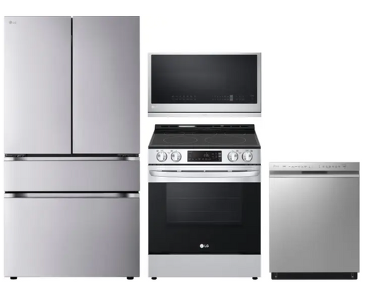 LG 4 Piece Kitchen Appliances Package withLG Standard-Depth Standard Depth MAX 28.6-Cu. Feet 4 -Door Smart Compatible French Door Refrigerator , Electric Range, Dishwasher and Over the Range Microwave in Stainless Steel