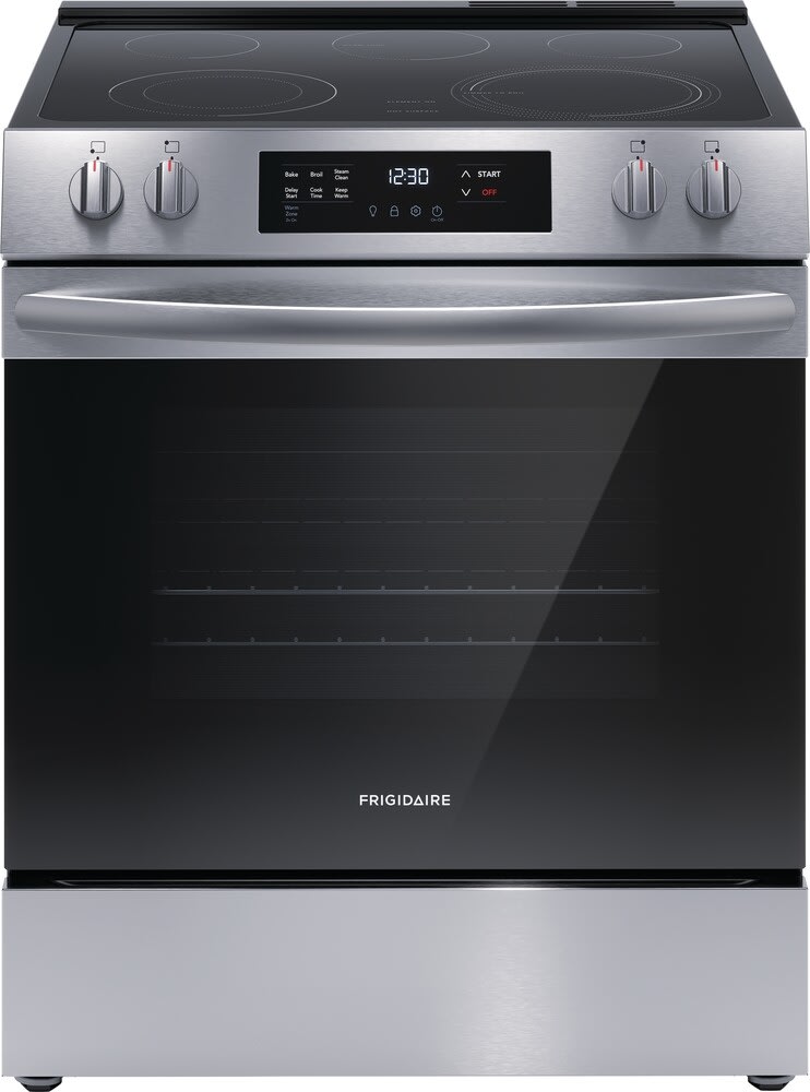 Frigidaire FCFE3062AS 30 Inch Freestanding Electric Range with 5.3 Cu. Ft. Capacity, 5 Smoothtop Elements, EvenTemp™ Element, SpaceWise® Element, Keep Warm Zone, Steam Clean, Store-More™ Storage, and ADA Compliant: Stainless Steel