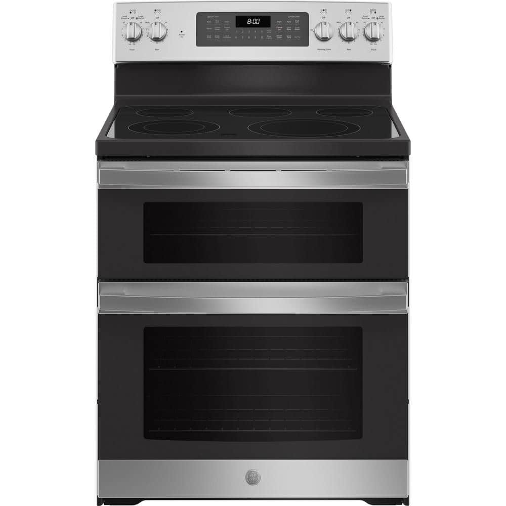 Model #JBS86SPSS  GE 30-Inches Glass Top 5 burners 4.4-Cu. Feet / 2.2-Cu. Feet Steam cleaning Air Fry Convection Oven Freestanding Double Oven Electric Range ( Stainless Steel )