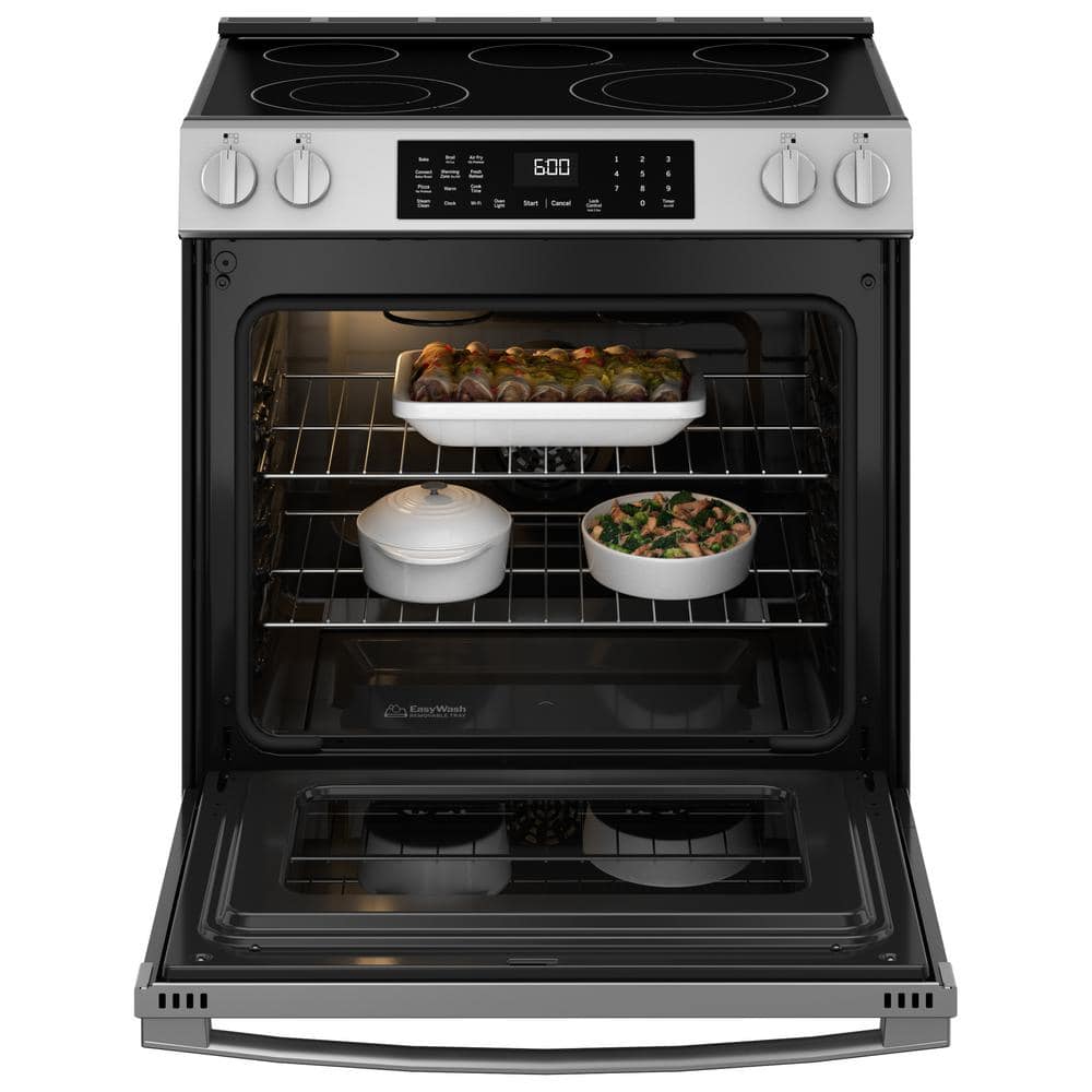 Model #GRS60LAVFS GE EasyWash Oven Tray 30-in Glass Top 5 Burners 5.3-cu ft Steam Cleaning Air Fry Convection Oven Slide-in Smart Electric Range (Fingerprint Resistant Stainless Steel)
